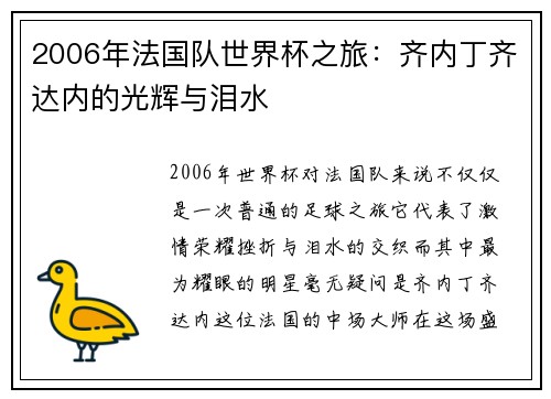 2006年法国队世界杯之旅：齐内丁齐达内的光辉与泪水